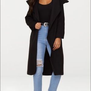 Black waterfall coat from PrettyLittleThing.